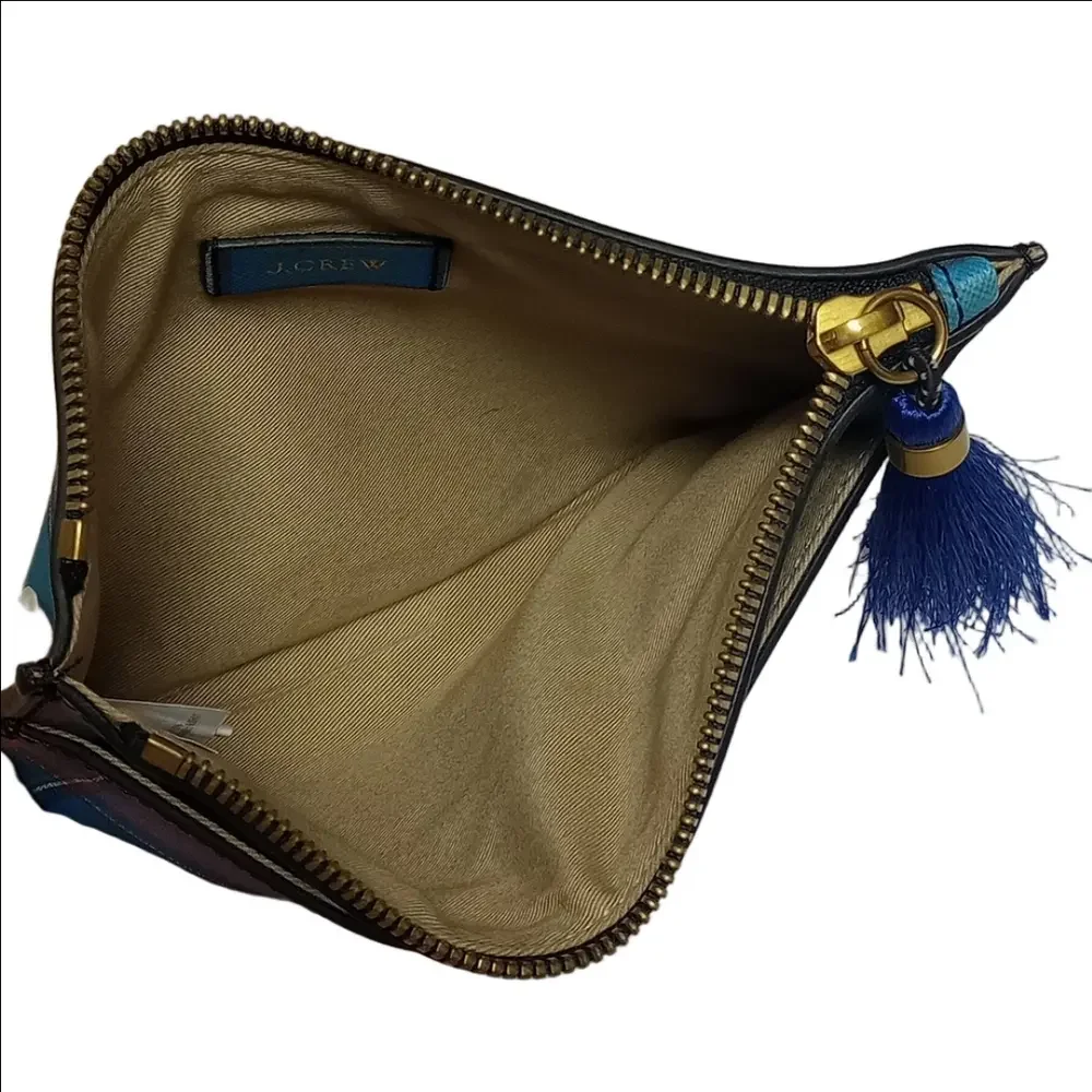 J.CREW BLUE & PINK PLAID ENVELOPE LEATHER CLUTCH WITH TASSEL